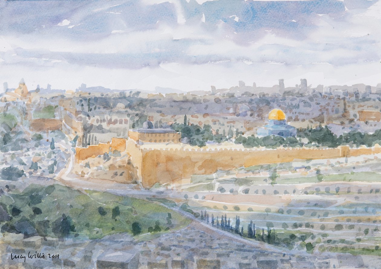 Jerusalem från Oljeberget, 2019 (w/c på papper) av Lucy Willis