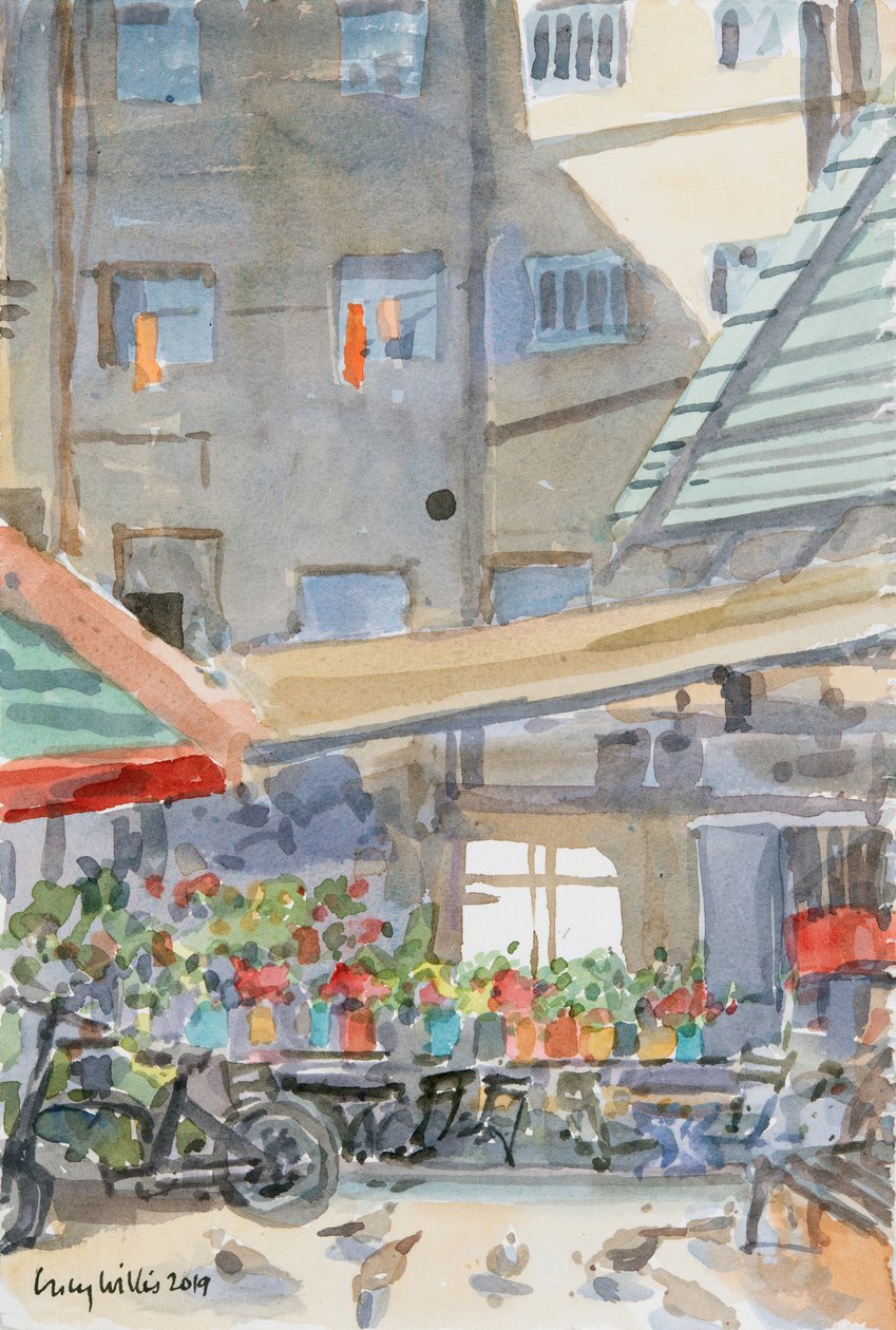 Orange Dusters Drying, Mahane Yehuda, Jerusalem, 2019 (w/c på papper) av Lucy Willis