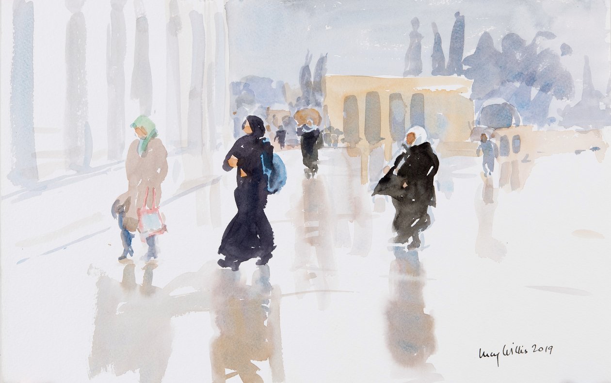 Pilgrimer på Tempelberget, Jerusalem, 2019 (w/c på papper) av Lucy Willis