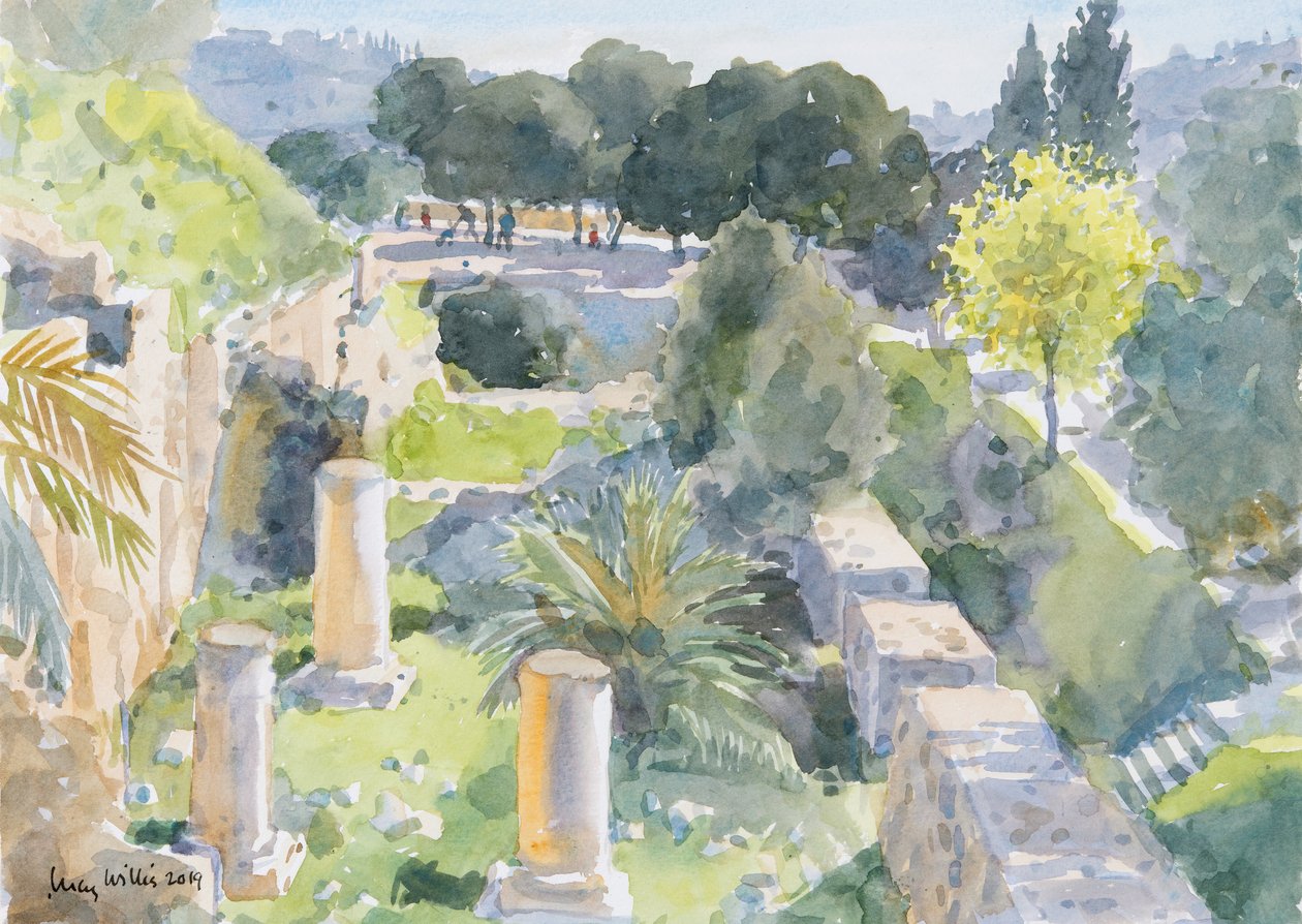 Romerska kolonner, Gamla Jerusalem, 2019 (w/c på papper) av Lucy Willis