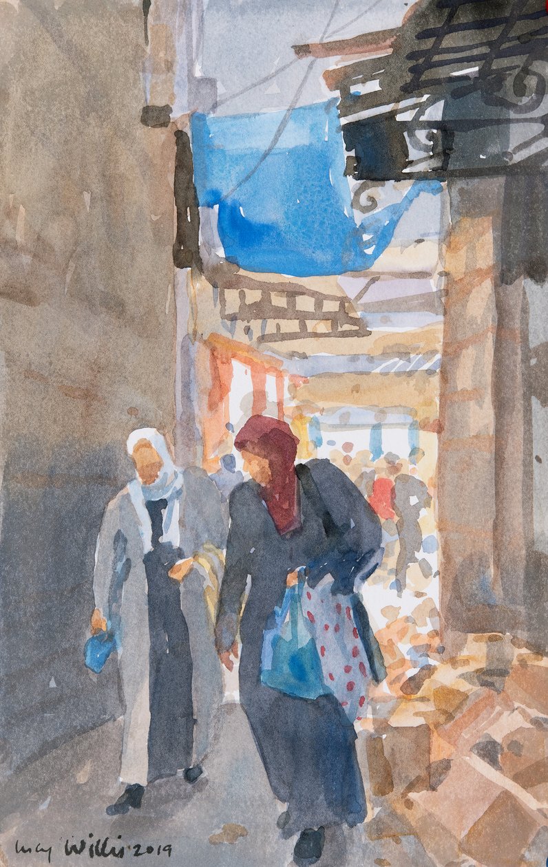 Den blå markisen vid Damaskusporten, Jerusalem, 2019 (w/c på papper) av Lucy Willis
