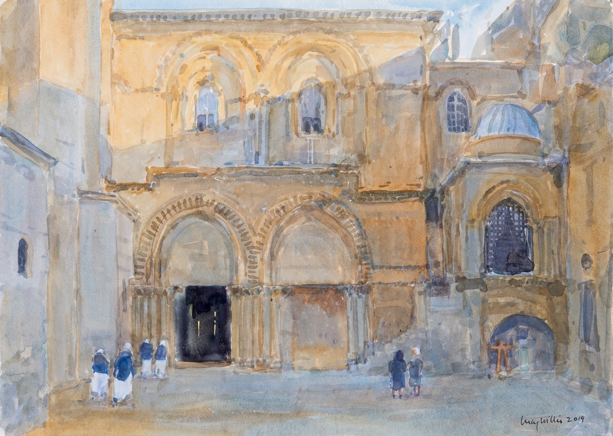 Heliga gravens kyrka i Dawn, Jerusalem, 2019 (w/c på papper) av Lucy Willis