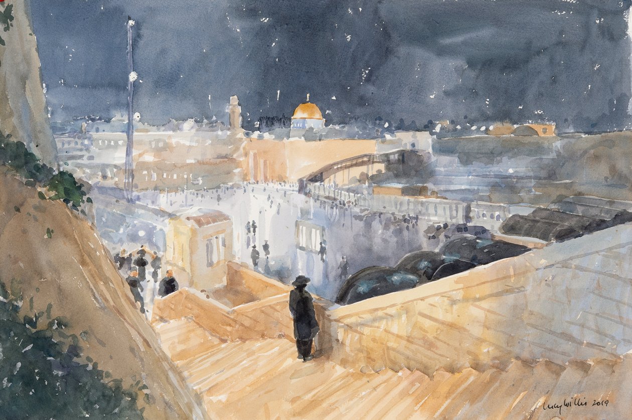 Västra muren, Natt, Jerusalem, 2019 (w/c på papper) av Lucy Willis