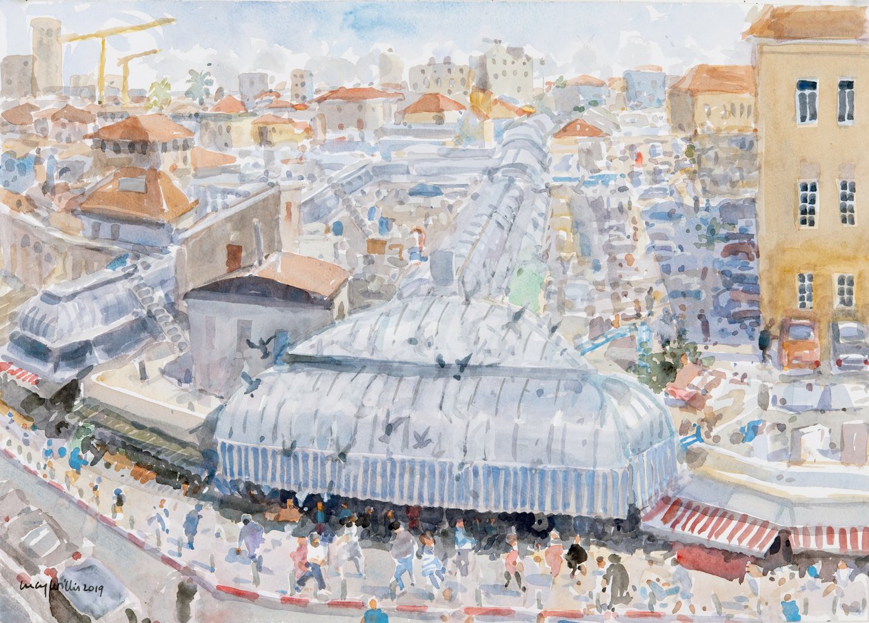 Utsikt från balkongen, Mahane Yehuda, Jerusalem, 2019 (w/c på papper) av Lucy Willis
