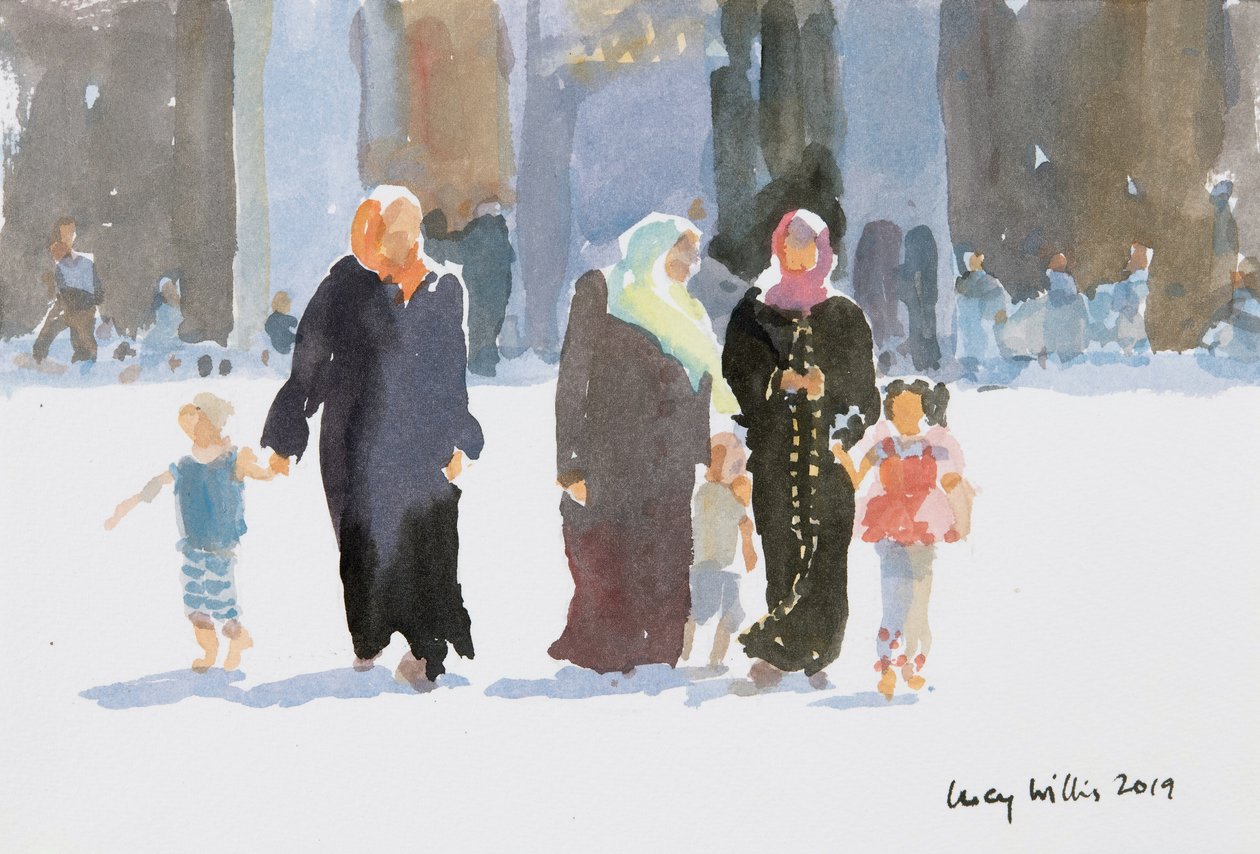 Besöker moskén, Damaskus, Syrien, 2019 (w/c på papper) av Lucy Willis