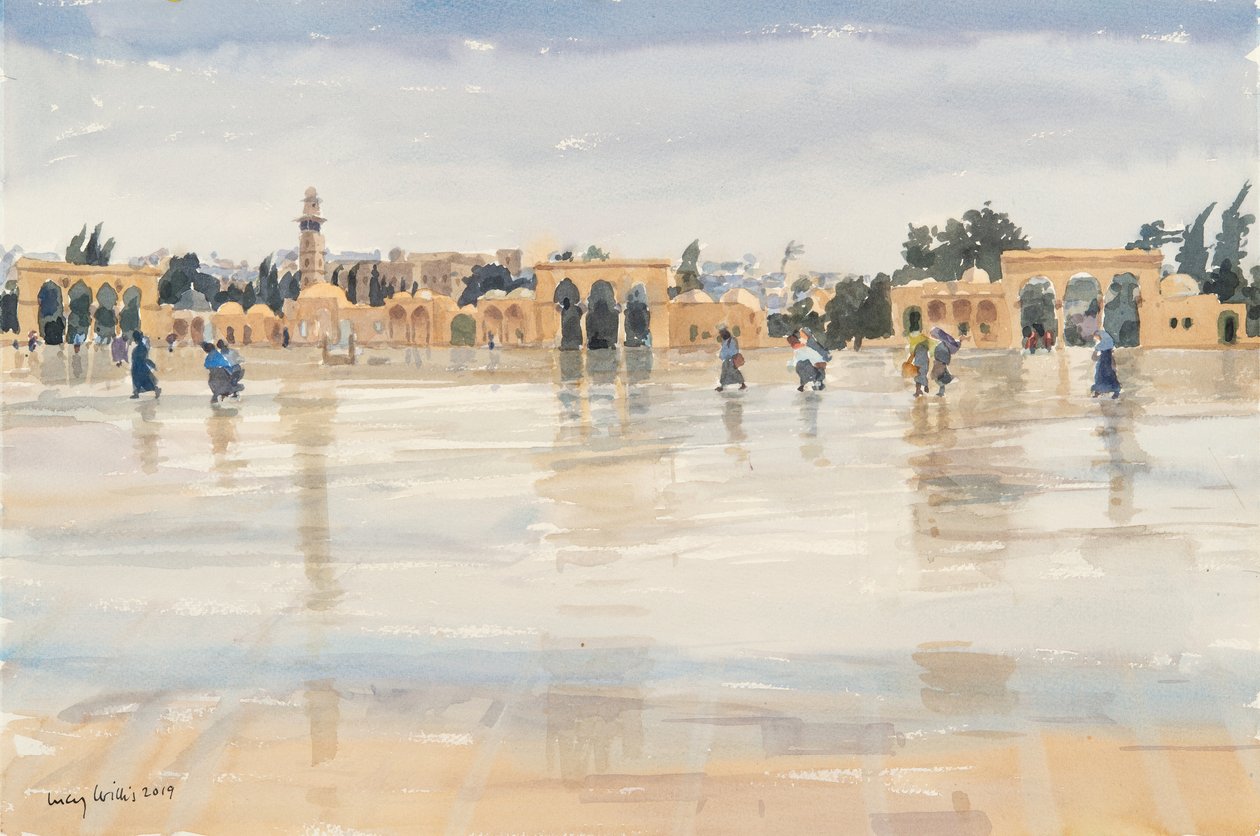 Vind och regn på Tempelberget, Jerusalem, 2019 (w/c på papper) av Lucy Willis