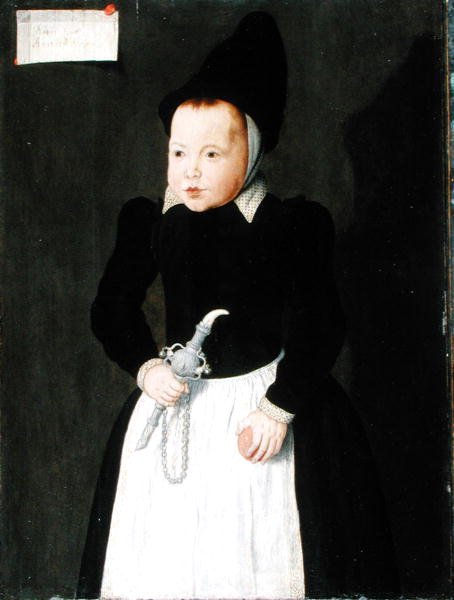 Ett porträtt av ett barn som håller en Rinkelbel (olja på panel) av Ludger Tom the Younger Ring