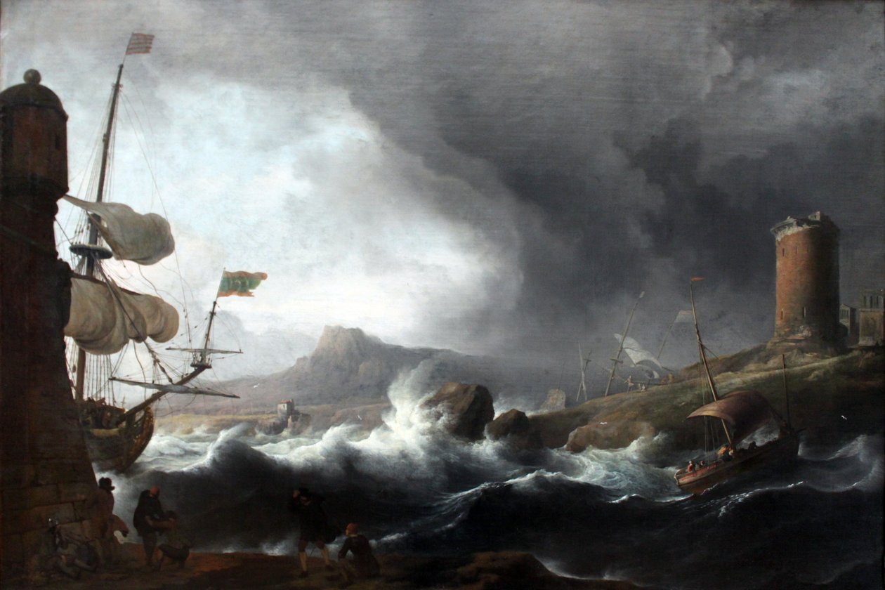 Stormiga hav på en bergig kust av Ludolf Bakhuizen