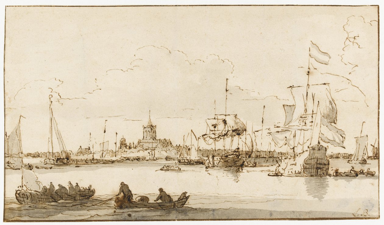 En vy över Vlaardingen med frakt i förgrunden (penna och bläck med tvätt på papper) av Ludolf Backhuysen