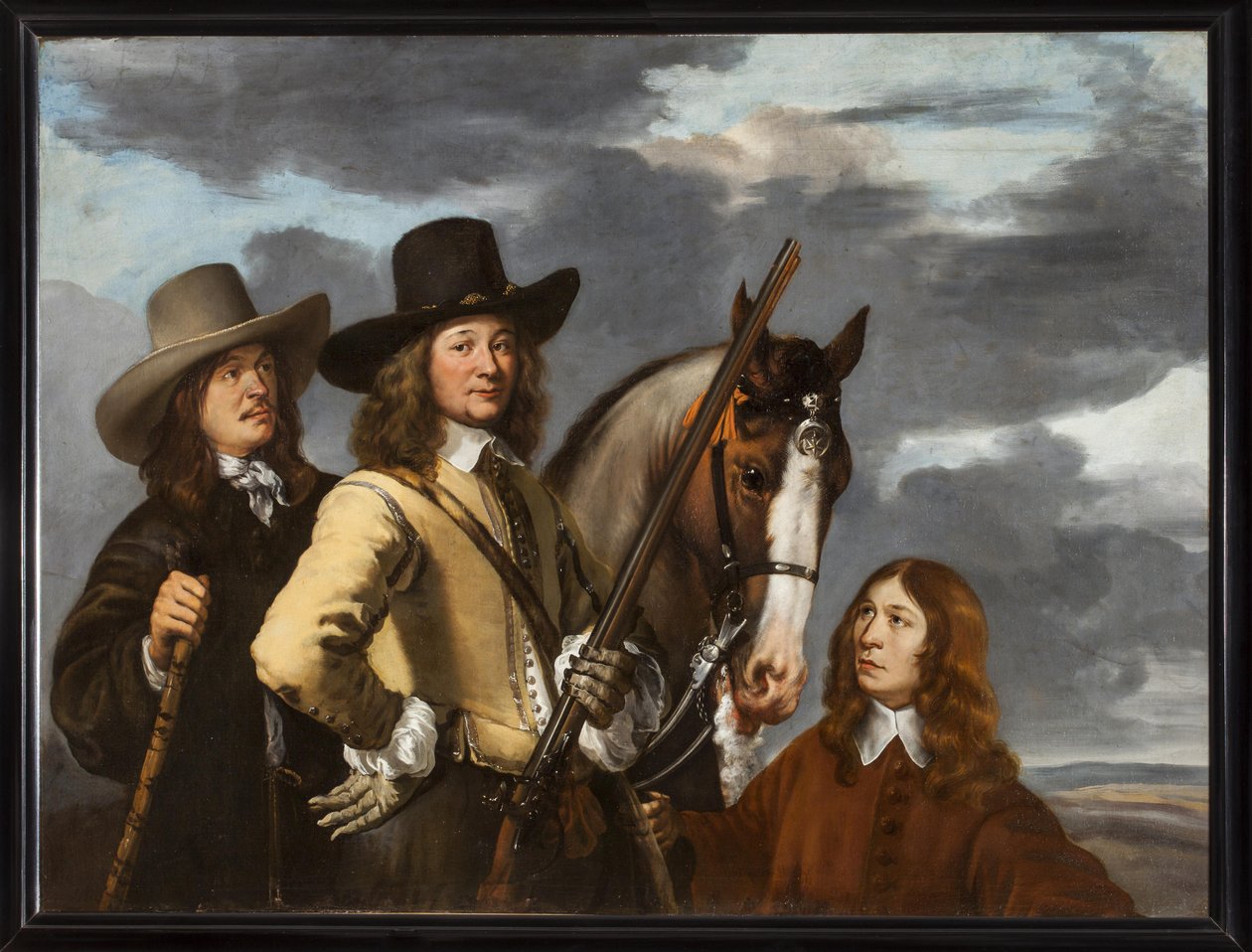 Porträtt av Willem Everwijn med sin häst och två jägare av Ludolf de Jongh