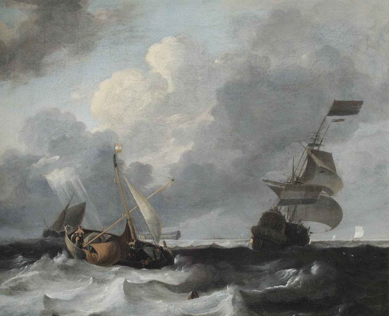 En storm utanför kusten med Men o War och fiskebåtar av Ludolf Backhuysen