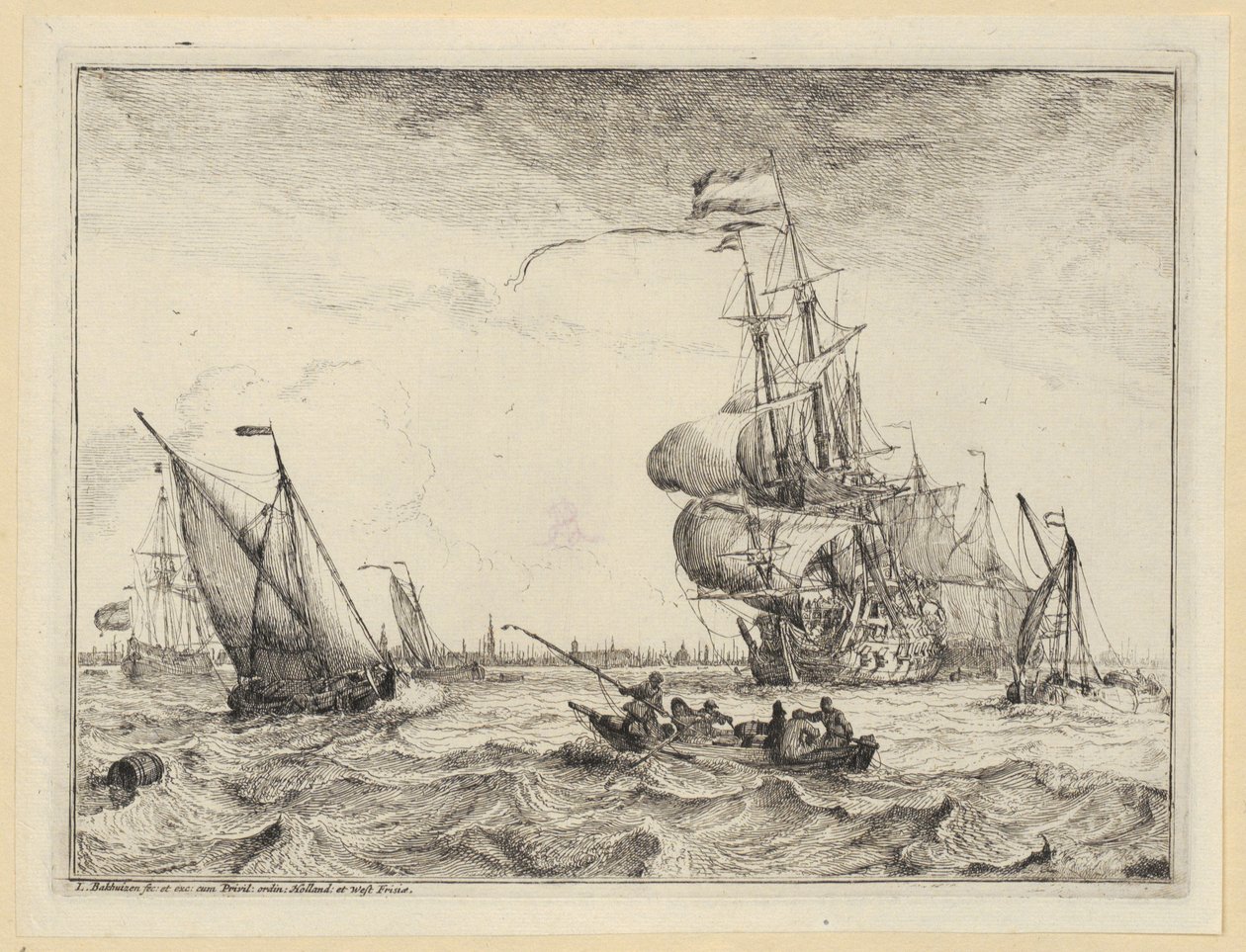 En pråm och flera segelfartyg på ett stormigt hav utanför Amsterdam, blad 4 i serien "Sjöstycken med vyer över IJ, Amsterdam, Rotterdam och Katwijk" (Hollstein nr 1-10) av Ludolf Backhuysen