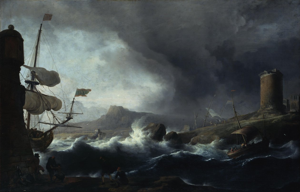 Stormigt hav vid en bergig kust av Ludolf Backhuysen
