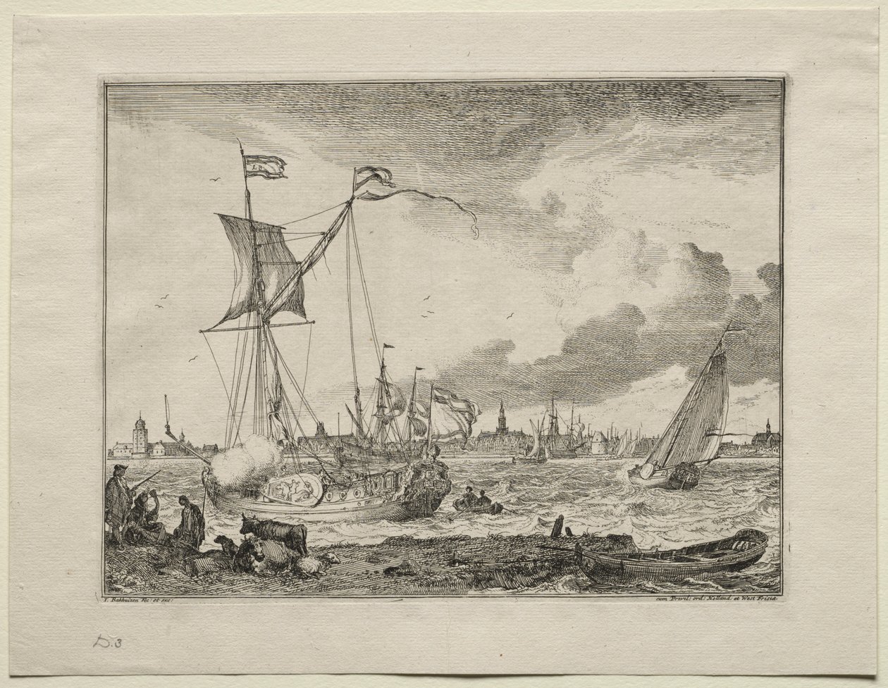 Utsikt över Amsterdam med skepp i förgrunden, 1701. av Ludolf Backhuysen