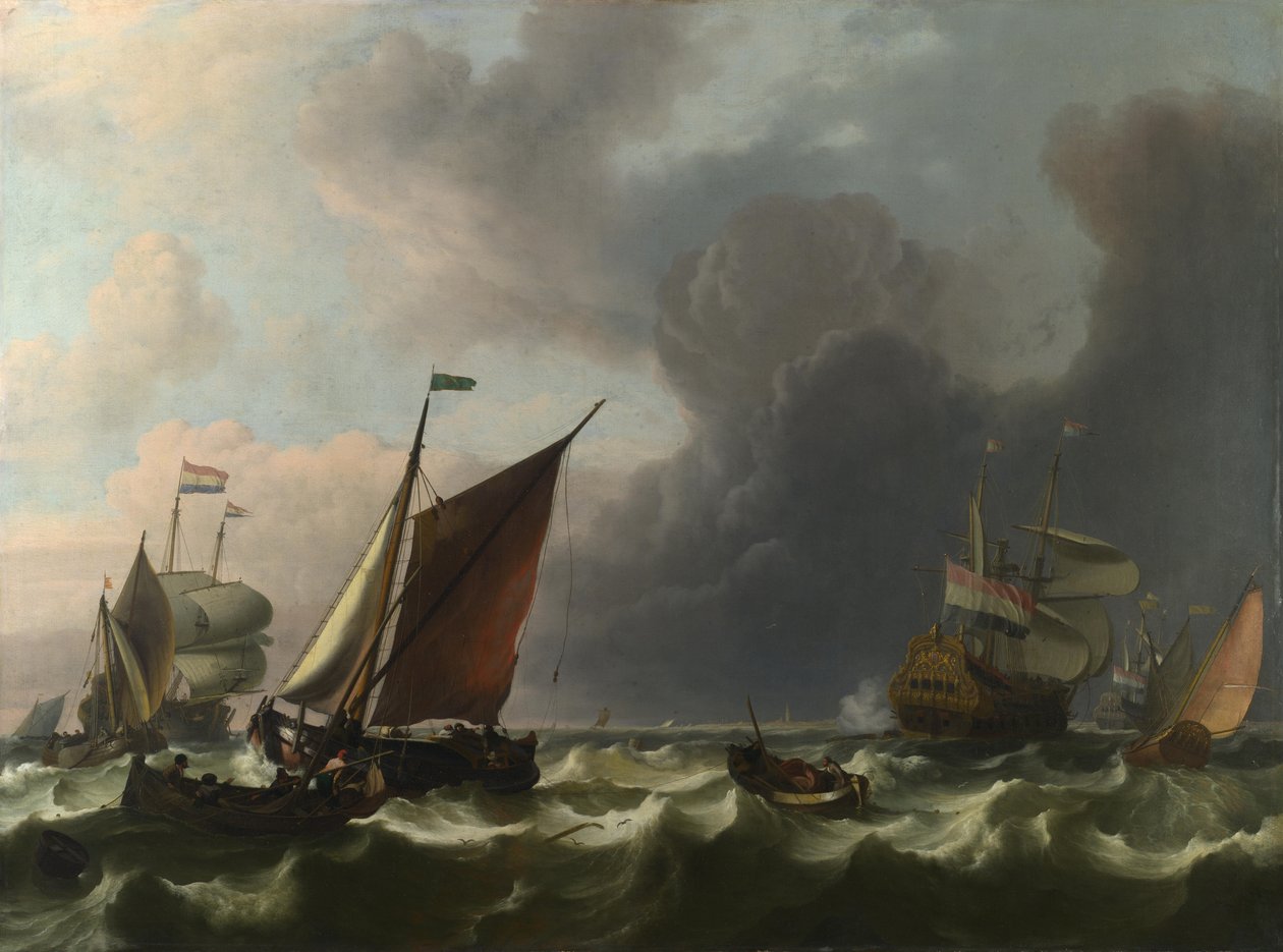 Holländska krigsmän och små fartyg i en frisk bris utanför Enkhuizen, 1683 av Ludolf Bakhuizen