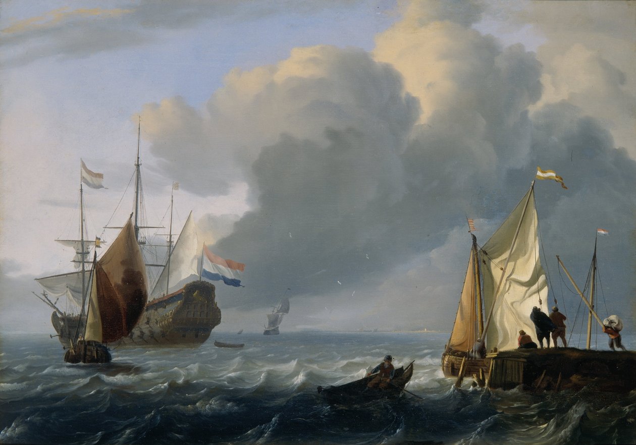 Holländsk fregatt och andra fartyg utanför kusten, ca 1690 (olja på ekpanel) av Ludolf Bakhuizen