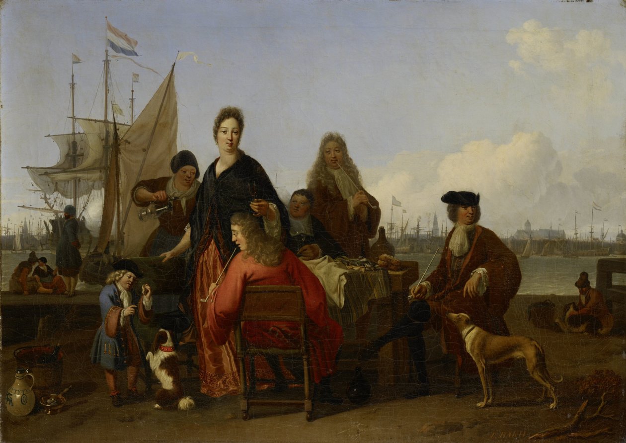 Familjerna Bakhuysen och de Hooghe äter på Mosselsteiger (musselpiren) på Y, Amsterdam av Ludolf Bakhuysen (signed by artist)