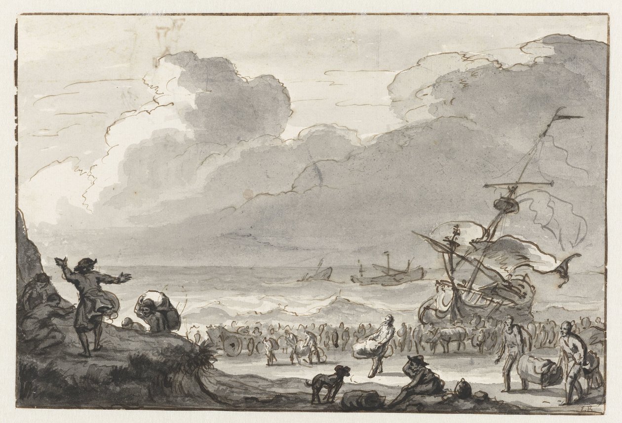 Last från ett fartyg förs iland av Ludolf Bakhuysen