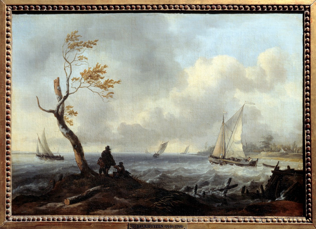 Fiskebåt och kustbåt i dåligt väder eller kuling Målning av Ludolf Backhuysen (1631-1708) av Ludolf I Backhuysen