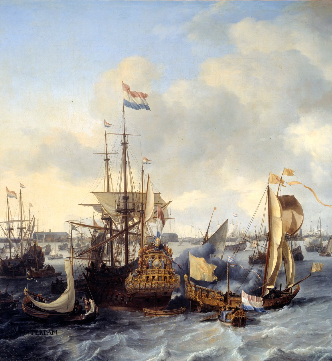 Vy över Amsterdams hamn från i detalj. Målning av Ludolf Backhuysen (1631-1708) 1666 Sön. 1,28x2,21 m av Ludolf I Backhuysen