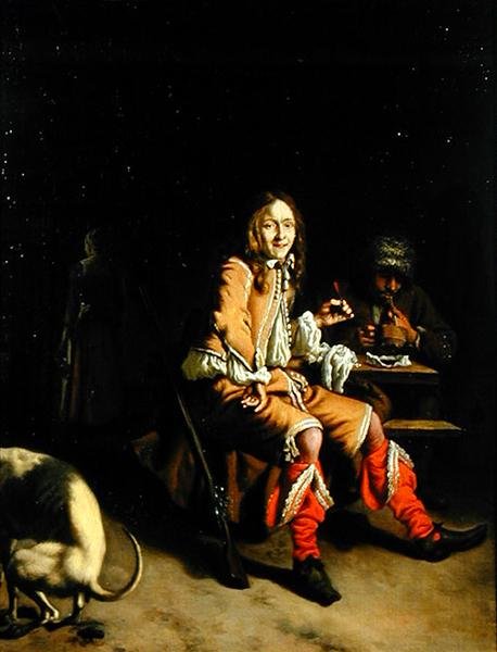 En jägare som dricker i en kroginteriör (olja på duk) av Ludolf de Jongh