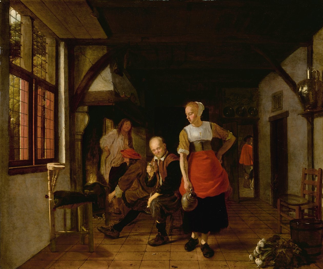 En jungfru med en kanna och tre män vid elden av Ludolf de Jongh