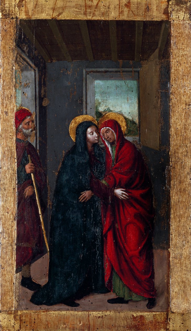 Jungfruns liv: "" Visitation"" Serien "" Rosenkransens mysterier"" Målning på trä av Ludovico Brea (Louis Brea) (1450-1523) 1512-1513 Taggia, Museo del Convento di San Domenico Italien av Ludovico Brea