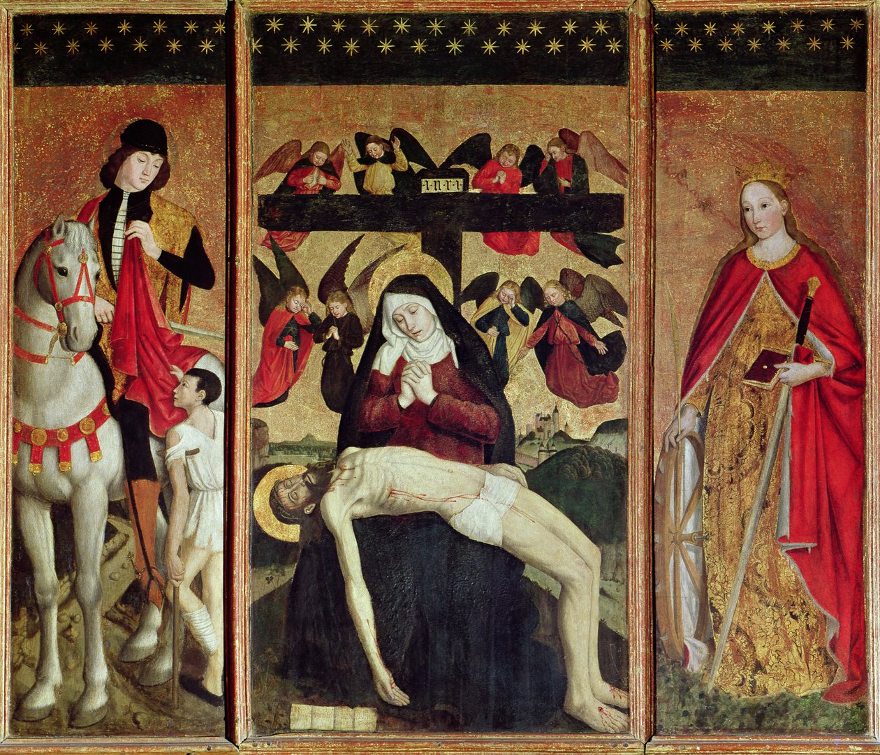 Triptyk föreställande Pieta mellan St. Martin och St. Catherine, 1475 av Ludovico Brea