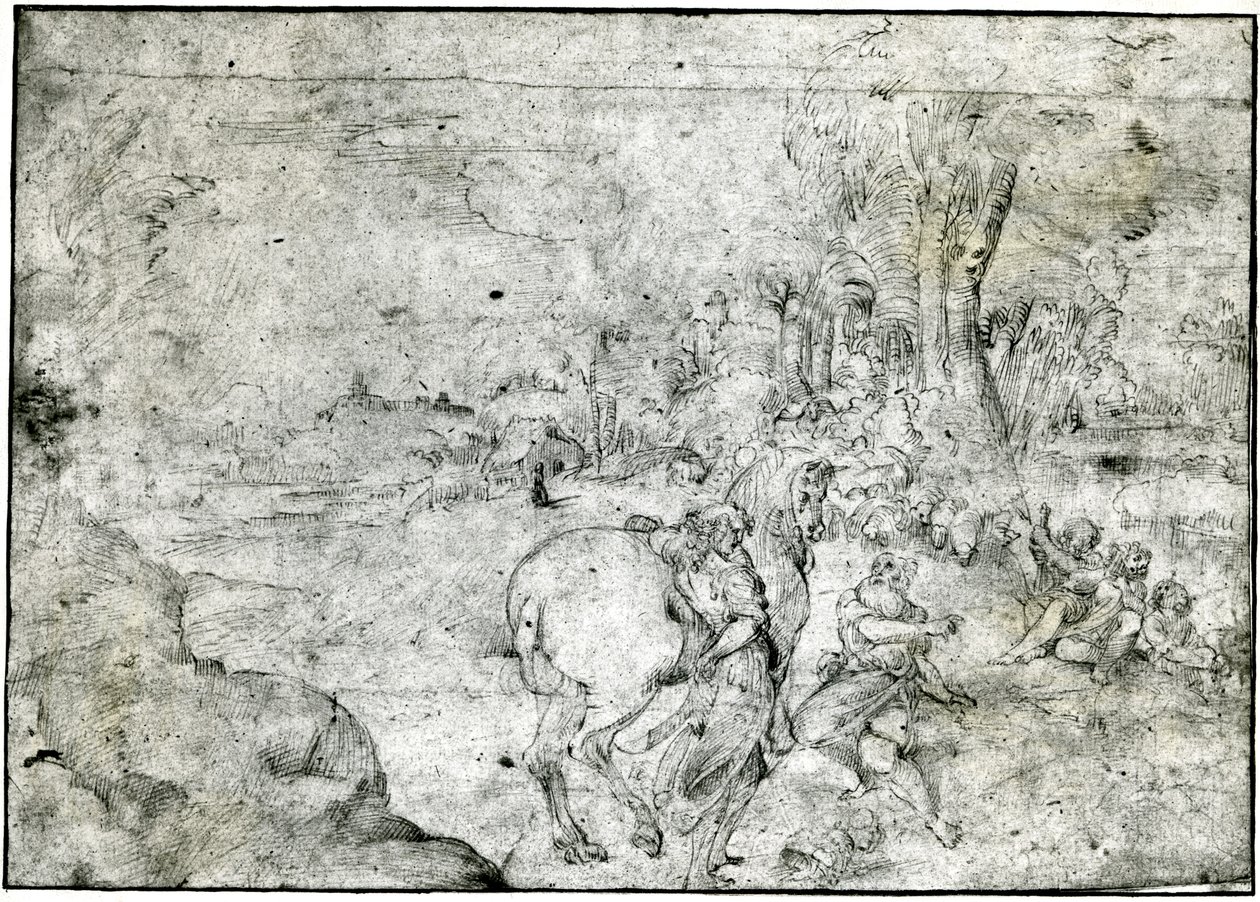 Erminia and the Shepherds, ca 1600 (penna och bläck på papper) av Ludovico Carracci