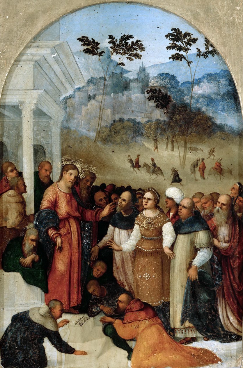 Kristus och kvinnan tagen i äktenskapsbrott, ca. 1527. av Ludovico Mazzolino