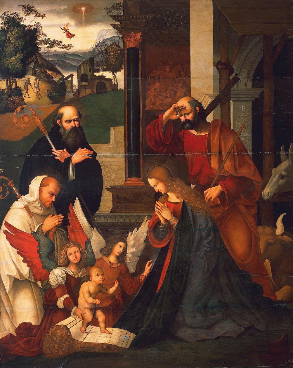 Nativity med St Bernard och St Alberico, ca 1505-1510, av Ludovico Mazzolino (ca 1480-ca 1530), olja på duk, 219x176 cm av Ludovico Mazzolino