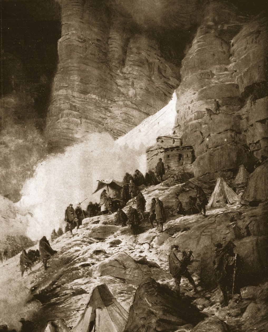 Italiens alpina krig med Österrike: mässan firas på en bergssida, från "The Illustrated War News", 21 juni 1916 (litho) av Ludovico Pogliaghi