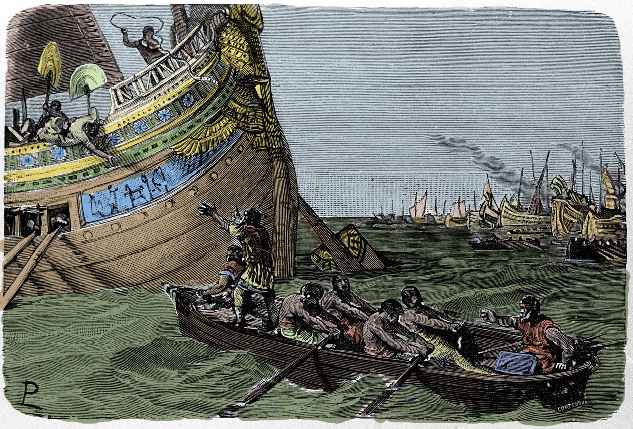 Marc Antoine (83-30 f.Kr.) sällar sig till Cleopatre (51-30 f.Kr.) på flykt efter nederlaget i slaget vid Actium den 2/09/31 f.Kr., illustration av Ludovico Pogliaghi från "Storia d