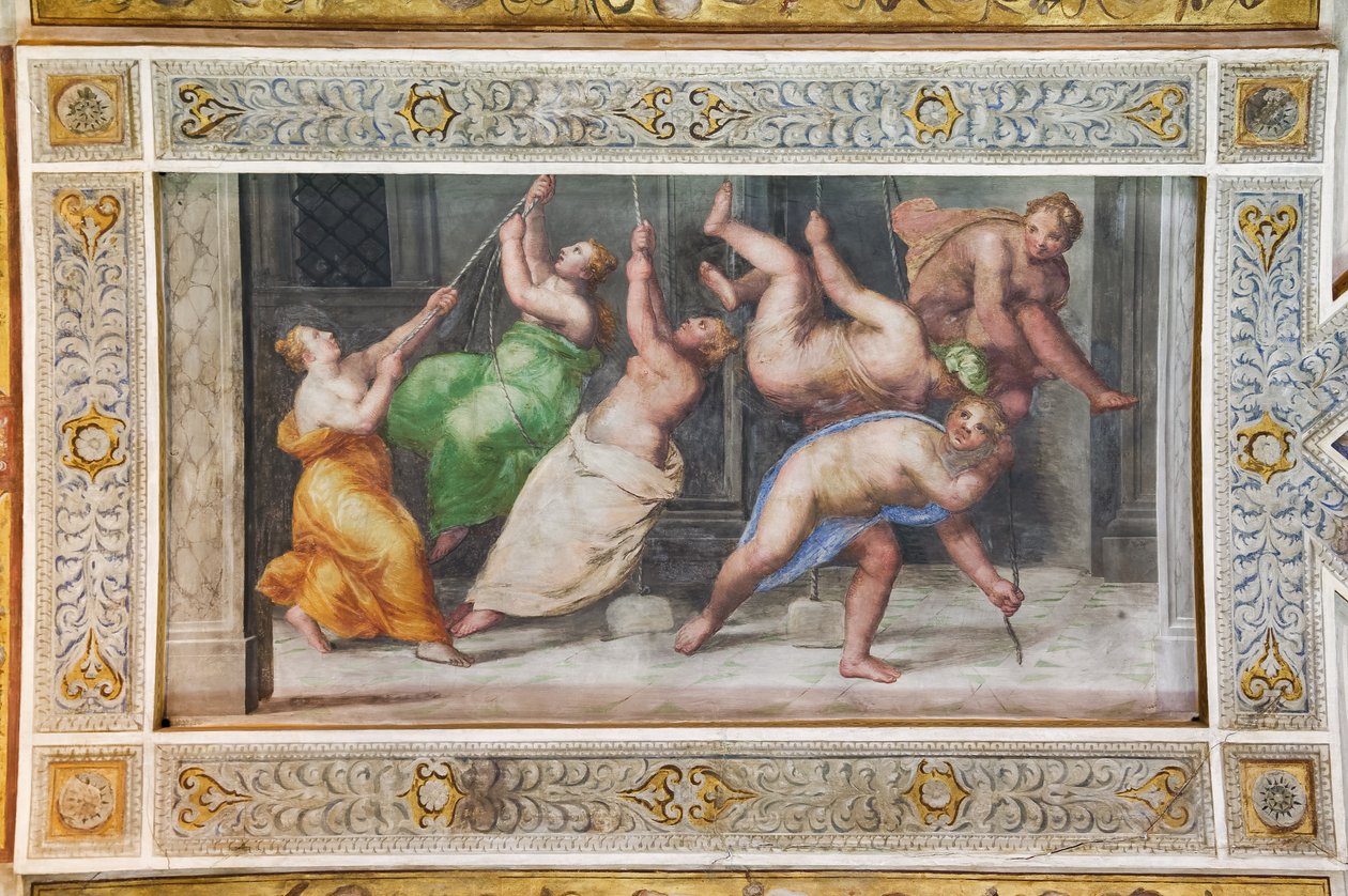 Pyrrhichios-dansen, detalj av taket i Hall of Games (fresk) av Ludovico Settevecchi