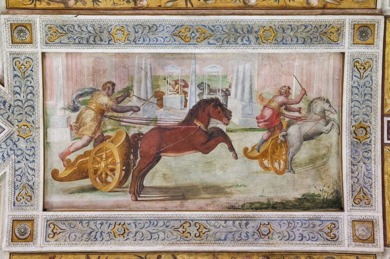 Race of the quadriga, detalj av taket i Hall of Games (fresk) av Ludovico Settevecchi