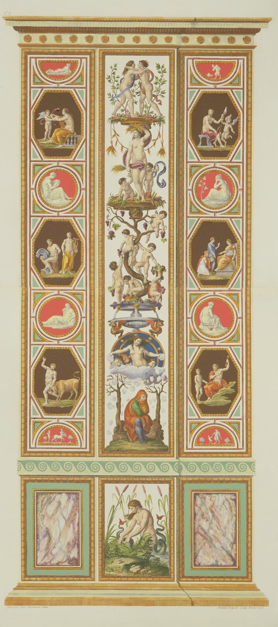 Panel från Rafaels loggia i Vatikanen, från "Delle Loggie di Rafaele nel Vaticano", graverad av Giovanni Volpato (1735-1803), 1775, publicerad ca 1777-77 (handkolorerad gravyr) (se även 17646). av Ludovicus Tesio Taurinensis