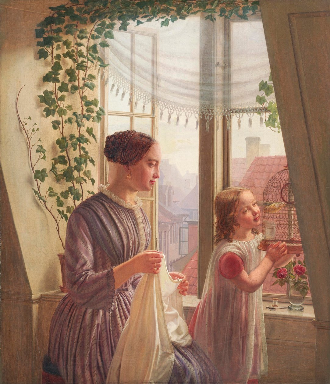 Interiör med mor och dotter vid ett fönster, 1853 av Ludvig August Smith