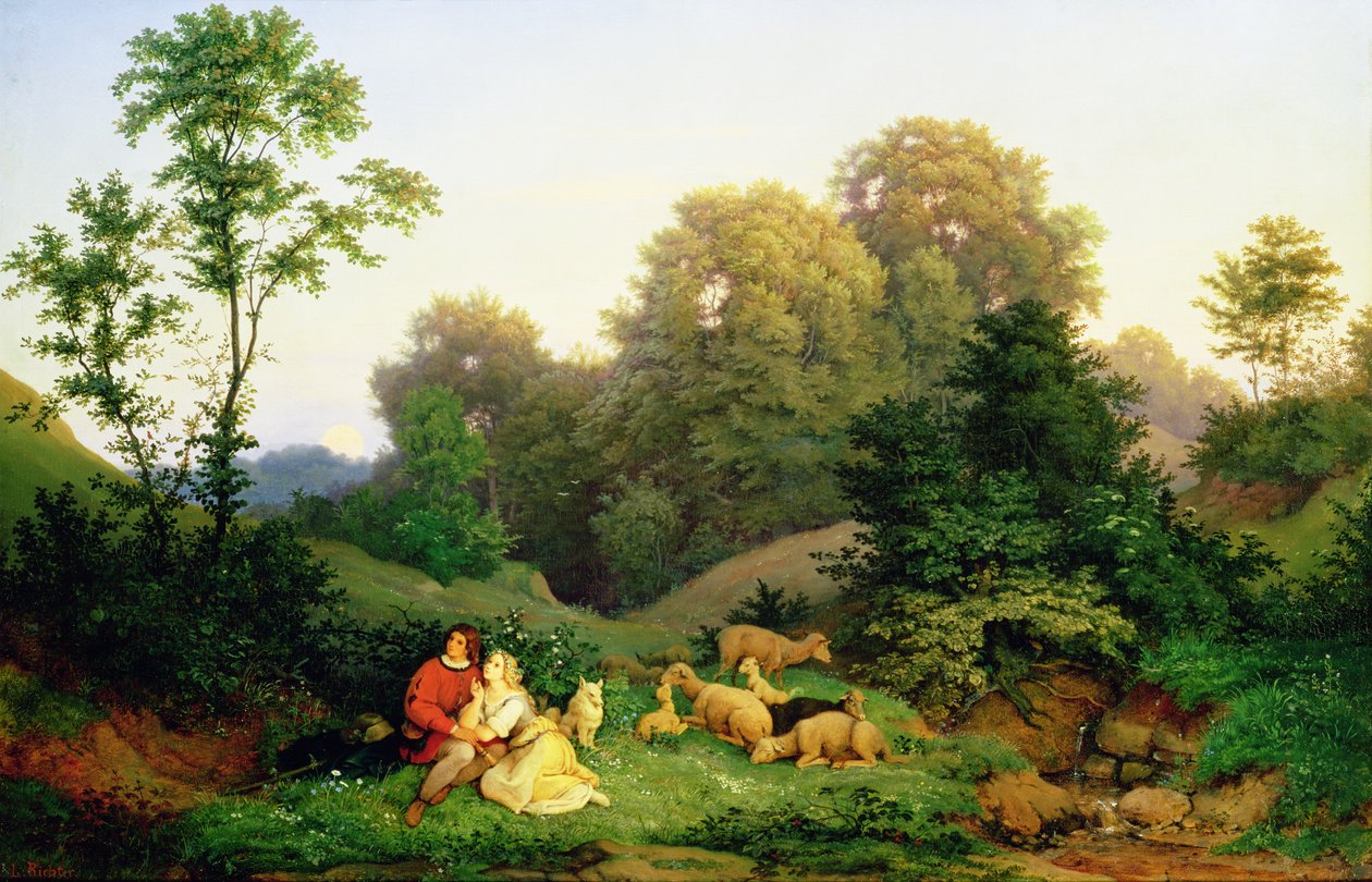 Herde och herdinna i ett tyskt landskap, 1844 av Ludwig Adrian Richter