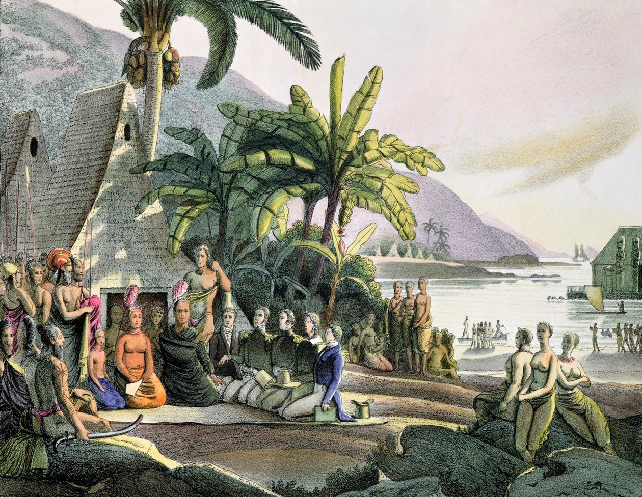 Möte mellan expeditionspartiet Otto von Kotzebue (1788-1846) och kung Kamehameha I (174052-1819) Ovayhi Island av Ludwig Choris