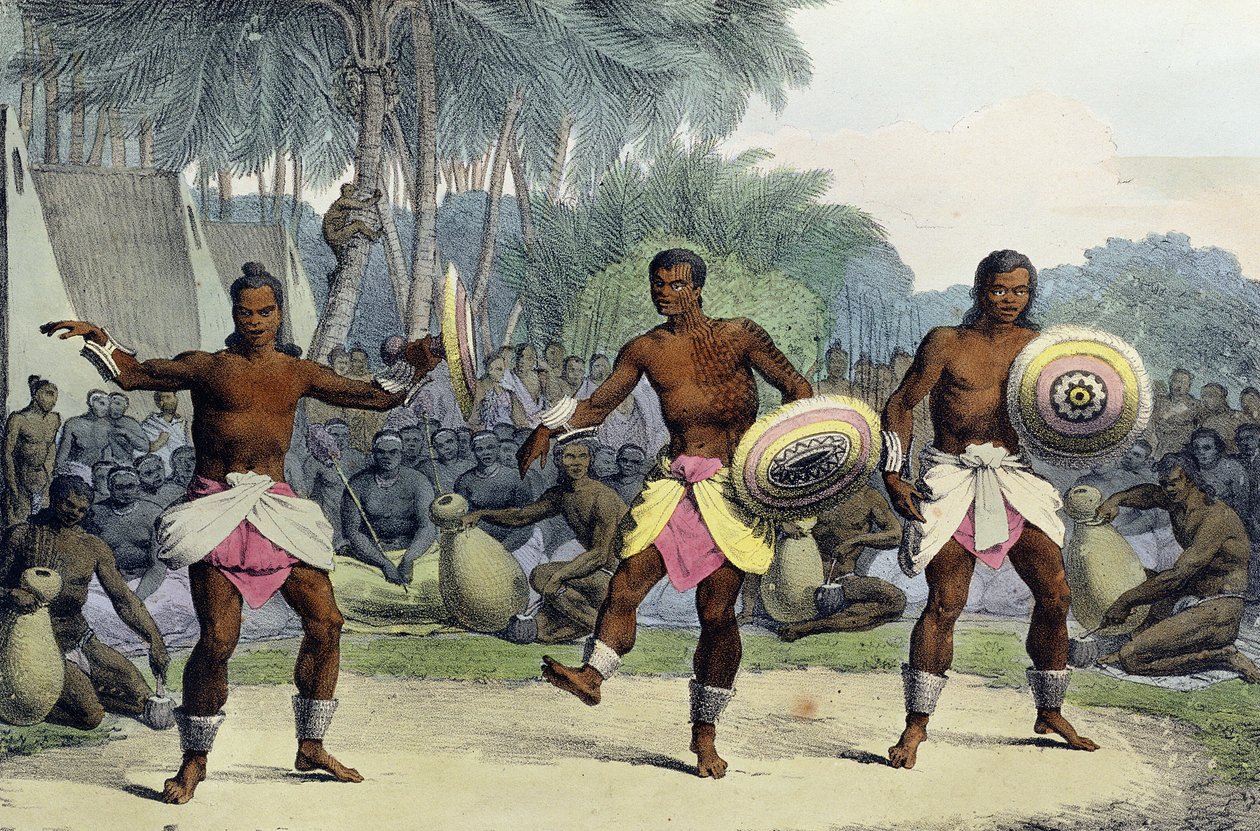 Sandwichöarnas infödingar dansar, från "Voyage Pittoresque Autour du Monde", graverad av Jean Augustin Franquelin (1798-1839), publicerad 1822. av Ludwig Choris