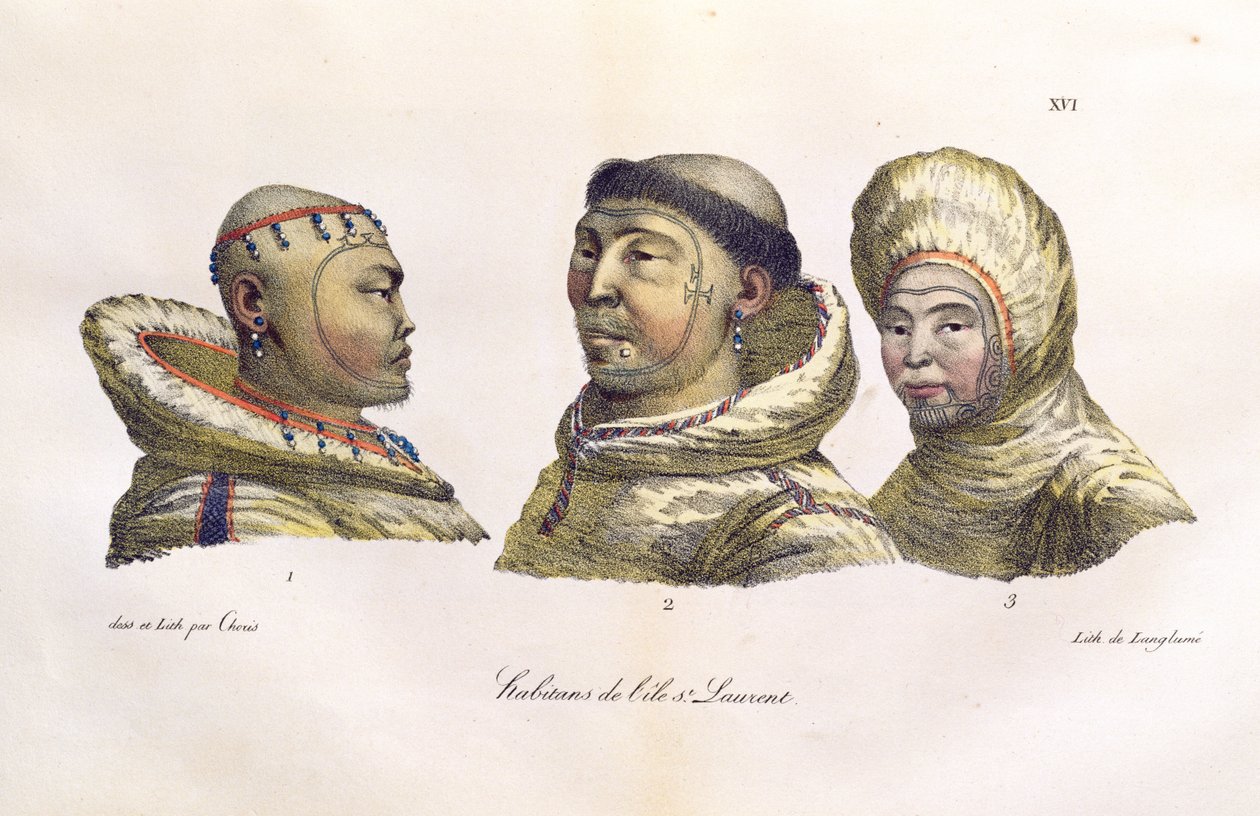 Infödda på St. Lawrence Islands, Alaska, från "Voyage Pittoresque Autour du Monde", publicerad 1822 av Ludwig Choris