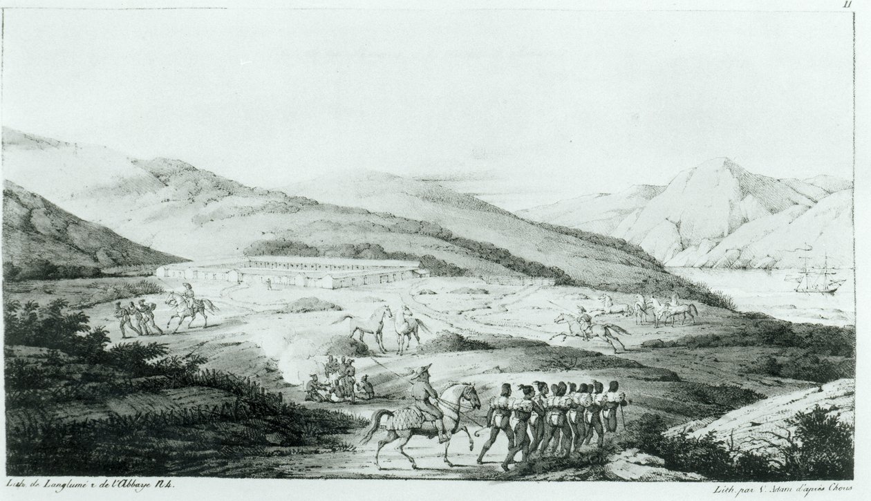 Den spanska bosättningen Presidio i San Francisco, från "A Picturesque Voyage Around the World" av Choris, publicerad 1822 av Ludwig Choris