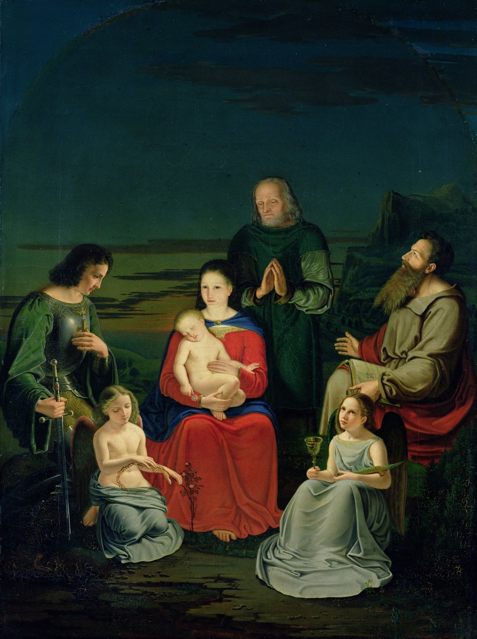Helig familj med änglar och heliga, ca 1824 av Ludwig Emil Grimm