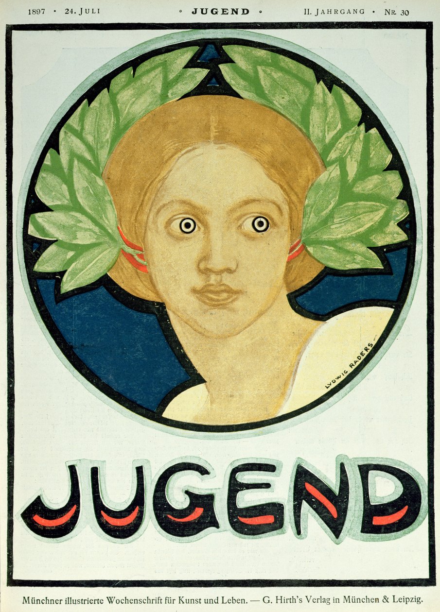 Ung kvinna med en lagerkrans, illustration från "Jugend" Magazine, 24 juli 1897 av Ludwig Raders