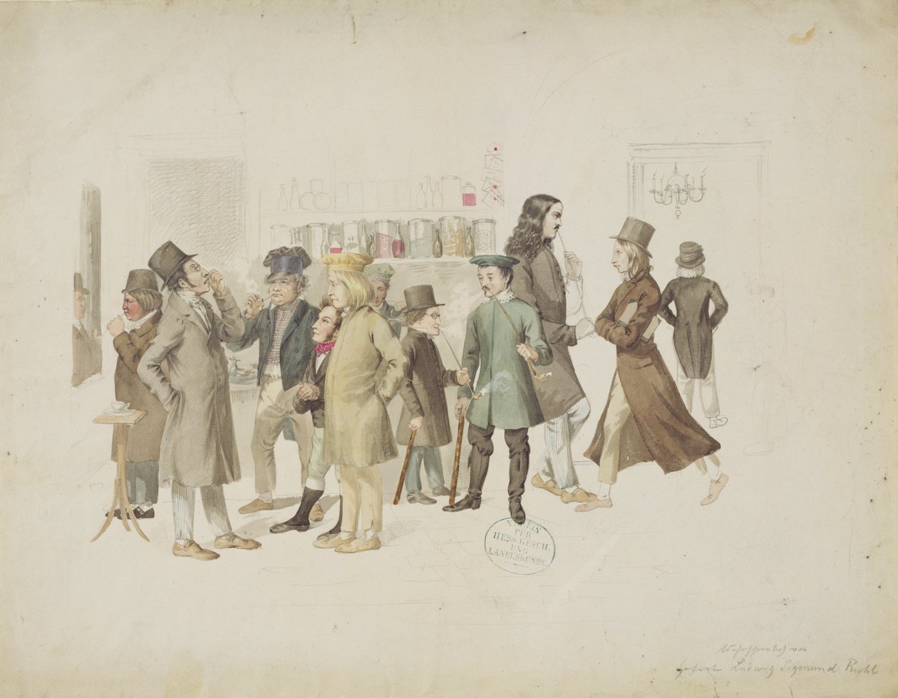 Tyska artister i Cafe Greco (grafit & wc på papper) av Ludwig Sigismund Ruhl