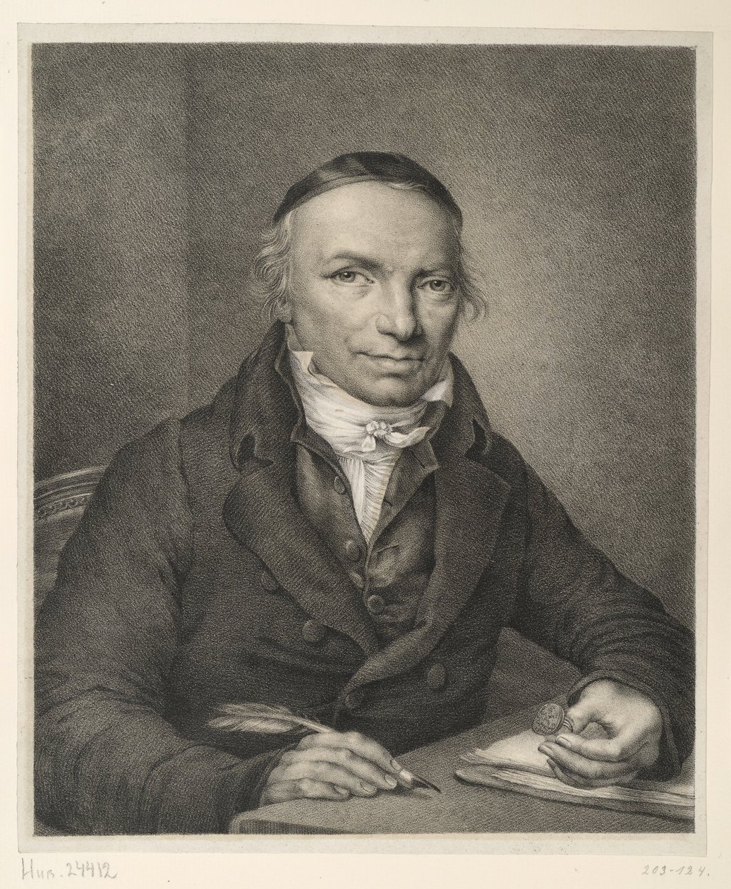 Johann Joachim Bellermann, bröstbild vid ett bord, med en sigillring i handen av Ludwig Buchhorn