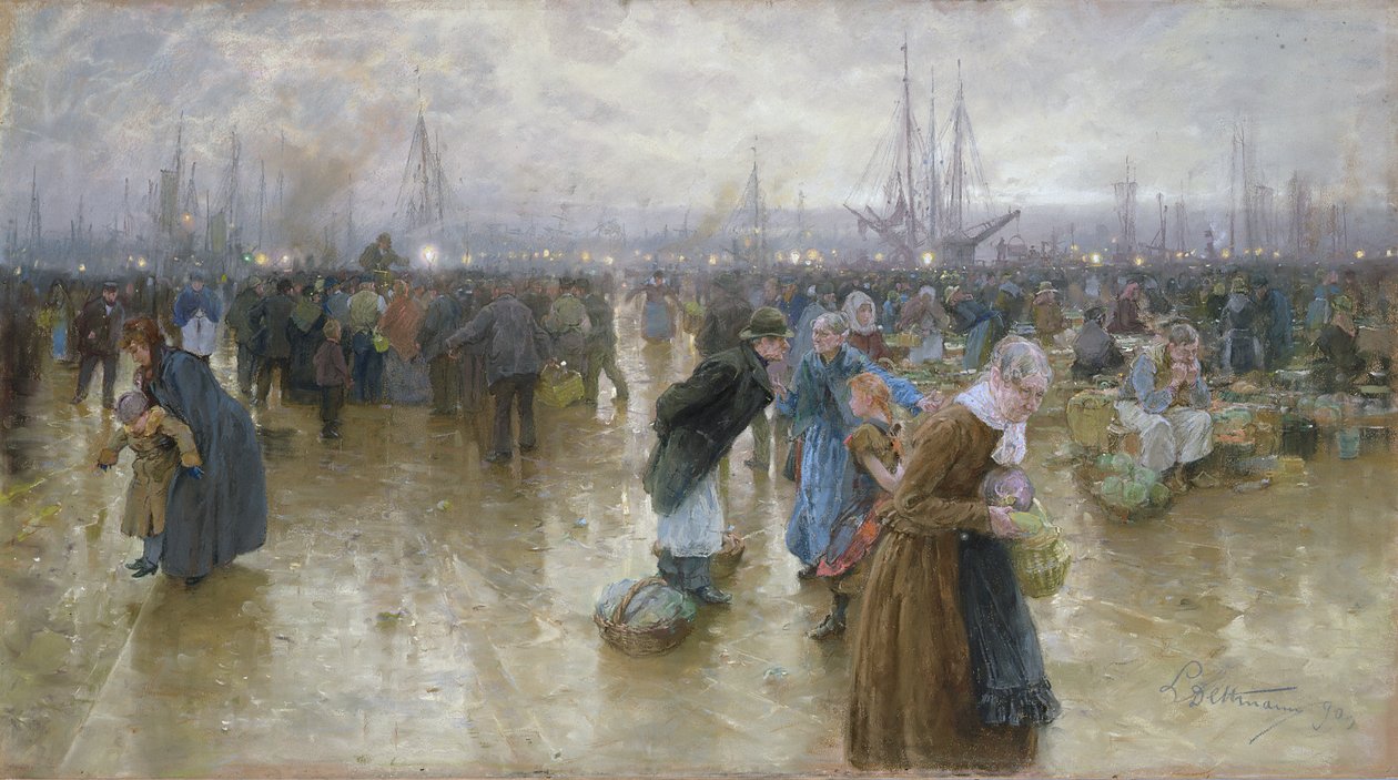 Fiskmarknaden i Altona, 1890 pastell på kartong av Ludwig Dettmann