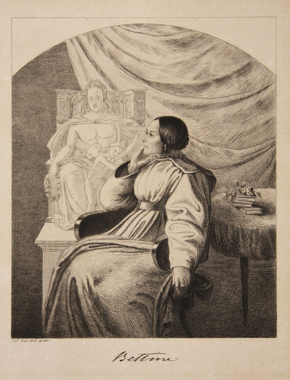Porträtt av författaren Bettine von Arnim 1785-1859, född Brentano, 1838. av Ludwig Emil Grimm