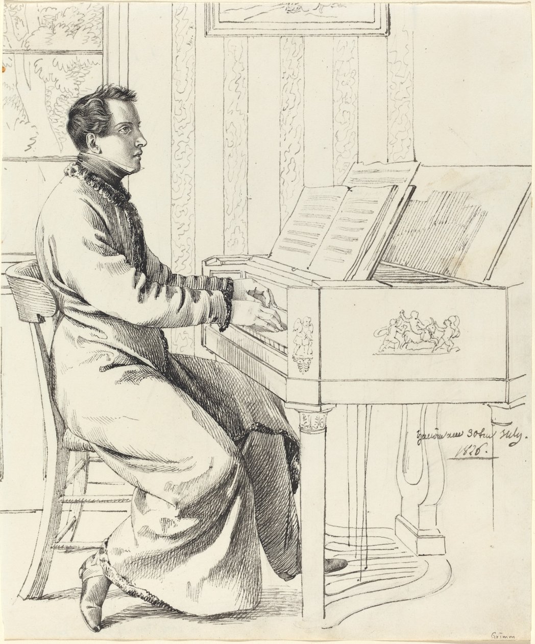 Konstnärens svåger, Ludwig Hassenpflug, förbereder sig för att spela piano av Ludwig Emil Grimm