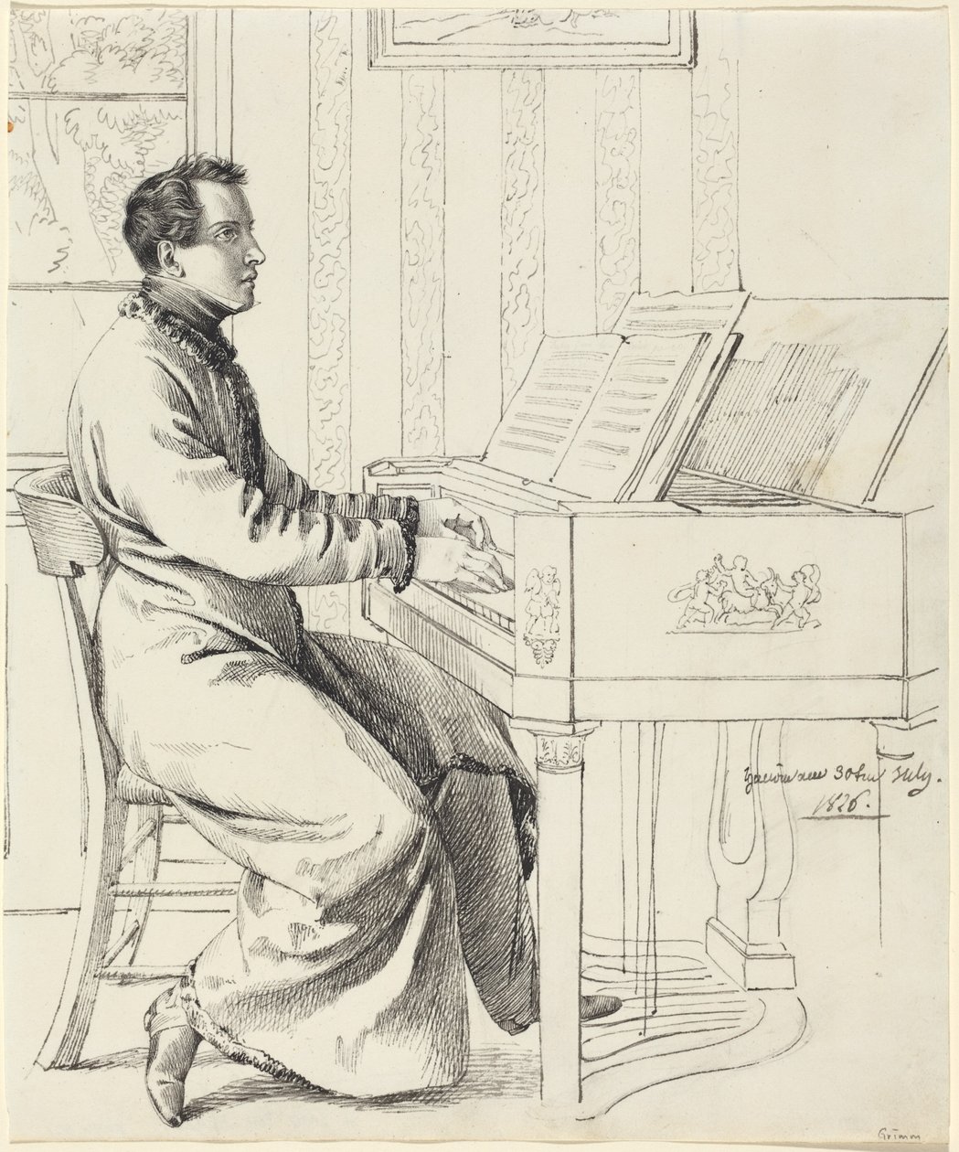 Konstnärens svåger, Ludwig Hassenpflug, förbereder sig för att spela piano av Ludwig Emil Grimm
